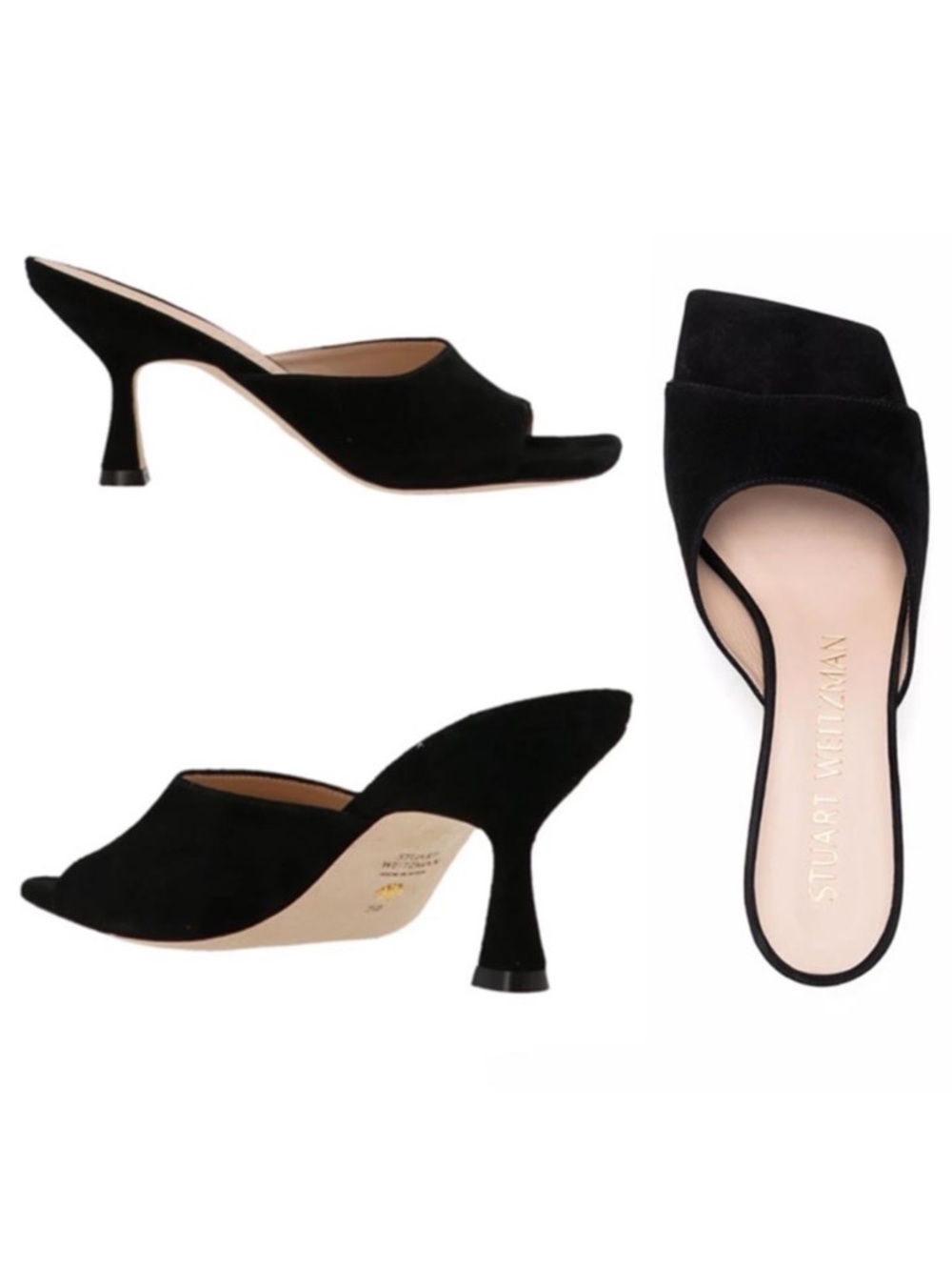 NEW Stuart Weitzman Tia 75 Black Suede Open Square Toe Mules